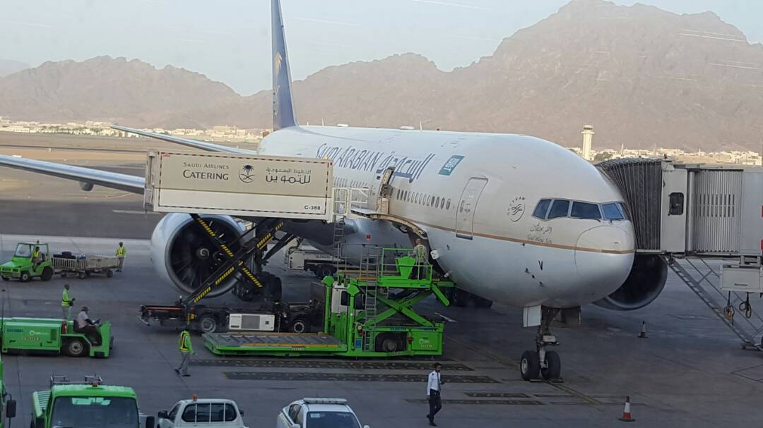 Saudi Arabian Airlines aircraft on the tarmac for a Haj pilgrimage flight