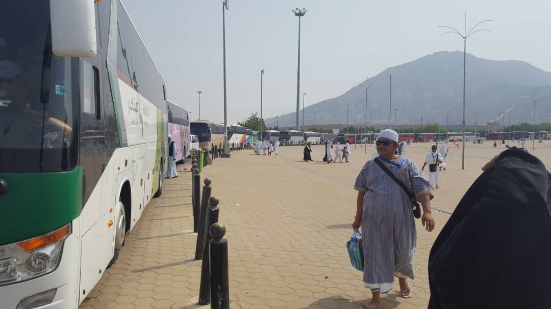 Pilgrims boarding coach buses for transport during Haj